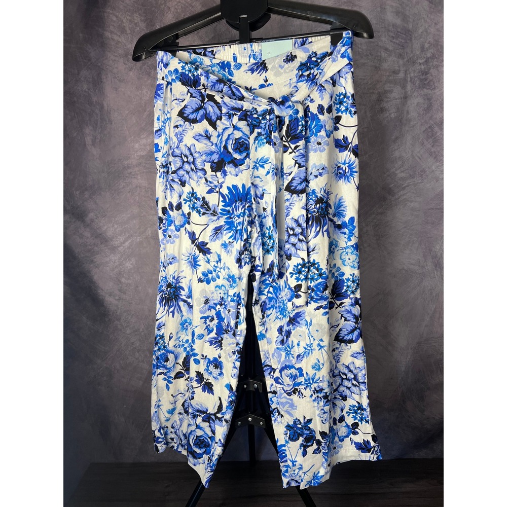 Blue Sol NWT Floral Wide Leg Capri Pants Royal Blue White Women's Small Linen